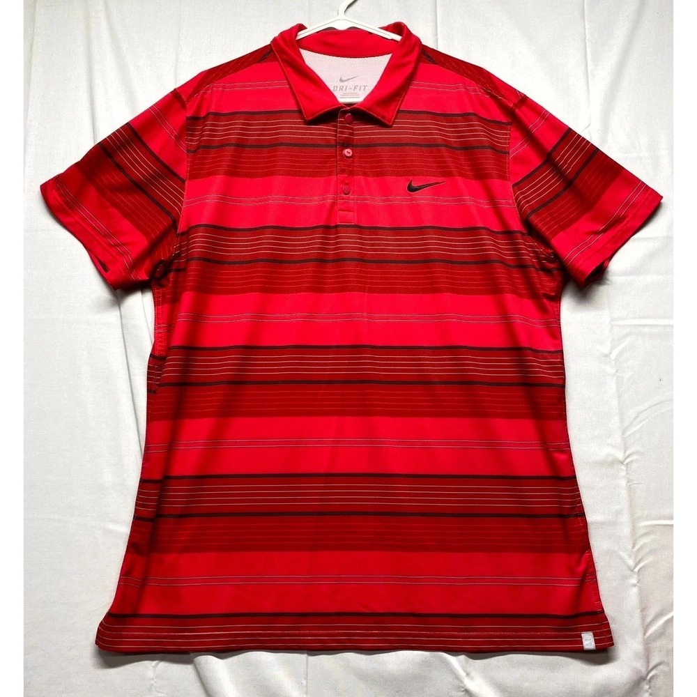Nike Dri Fit Performance Polo Shirt Mens XL Red Multi Horizontal Striped Stretch